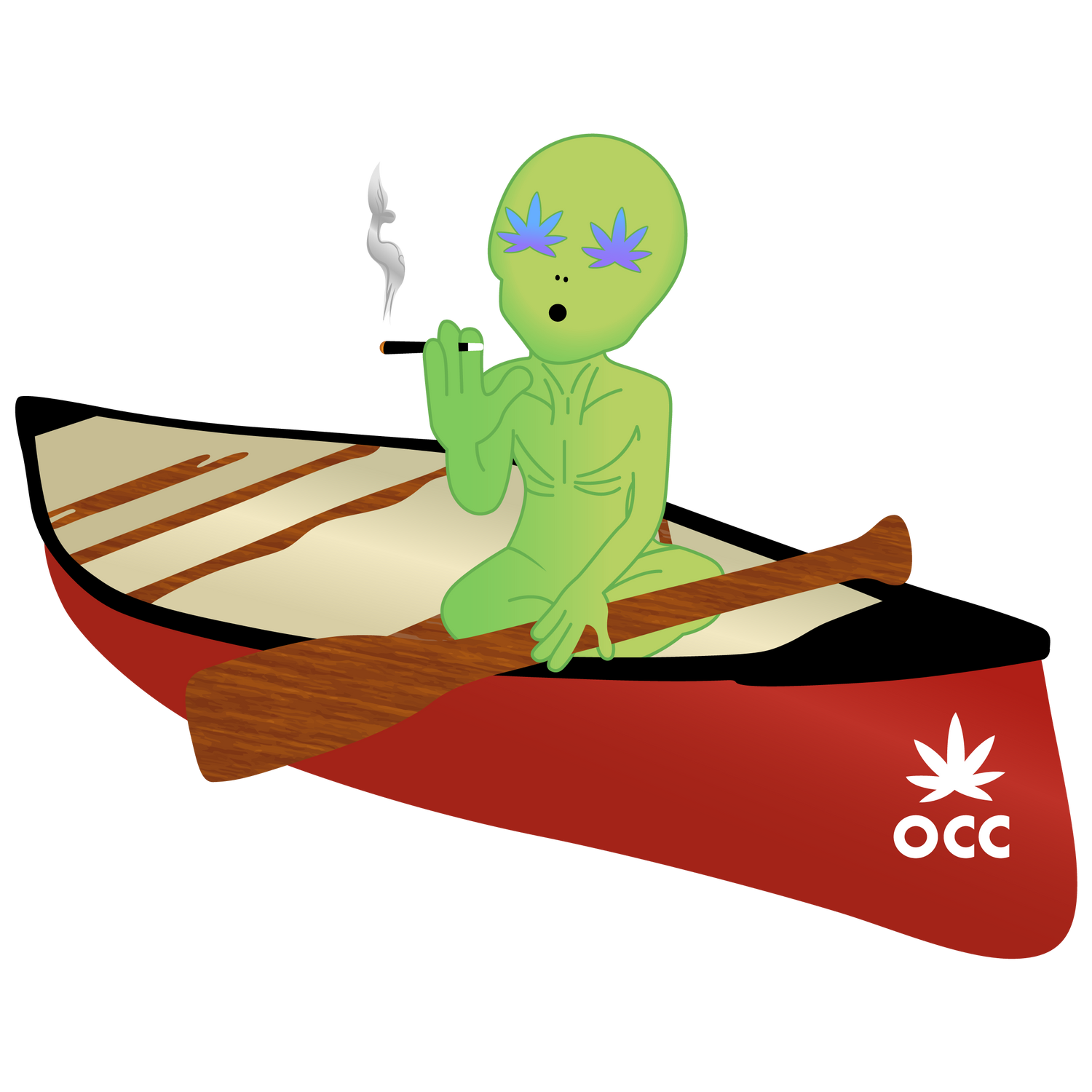 Alien smoking a join in a red canoe